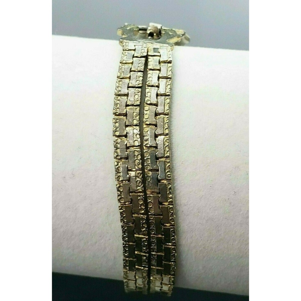 Vintage Gold Tone Etched Design Box Chain Bracelet Rectangular 2 Strands 7 1/4"